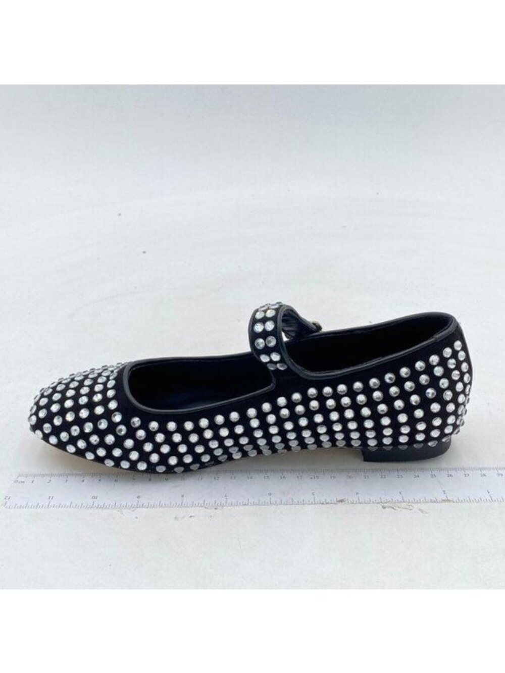 XYD Black Girls Rhinestone Studs Slip On Closed Toe Elastic Single Strap Shoes